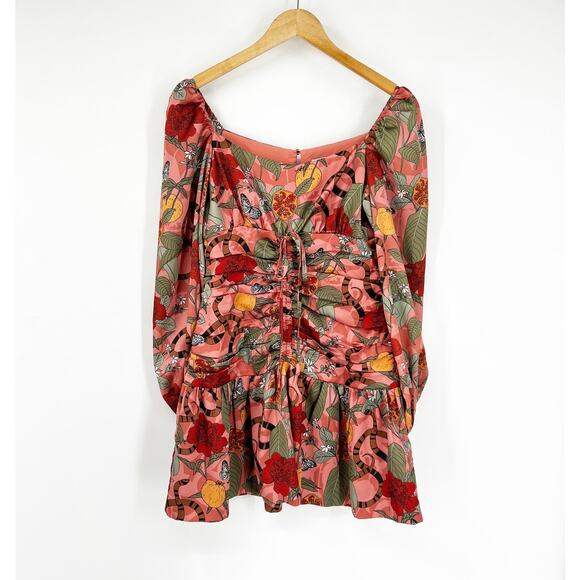 Finders Keepers Tropical Print Long Sleeve Ruched Mini Dress Size Small - Picture 2 of 8